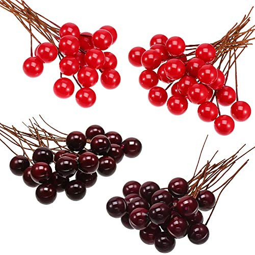 BBTO Artificial Holly Berries, 100 Pieces Mini 10 mm Fake Berries Decor on Wire for Christmas Tree Decorations Flower Wreath DIY Craft(Dark Red, Red) | Amazon (US)