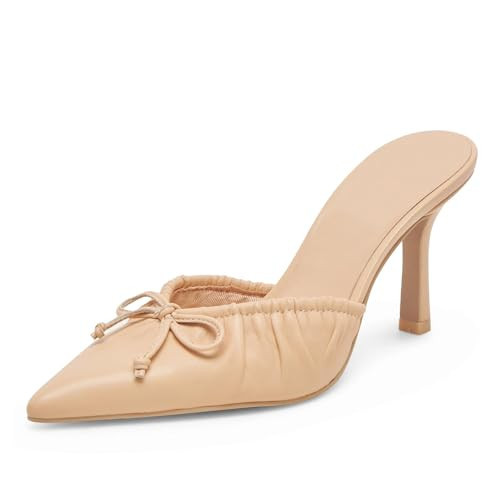 XBKXMK Nude Kitten Heels for Women Bow Pointed Toe Heel Dressy Slip on Mules Trendy Sexy Stiletto Pumps Shoes | Amazon (US)