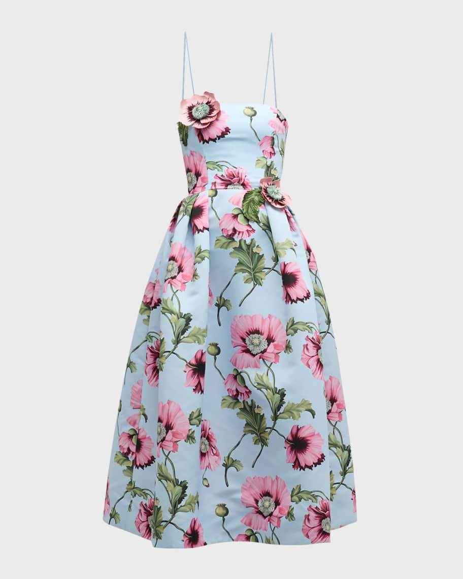 Oscar de la Renta Flower Embroidered Strapless Poppies Faille Midi Dress | Neiman Marcus