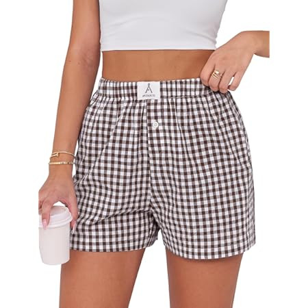 Women Pajamas Shorts Y2k Elastic Waist Plaid Boxer Shorts Cute Gingham Sleep Lounge Bottoms | Amazon (US)