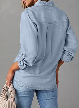 Astylish Women Button Down Denim Shirts Casual Long Sleeve V Neck Chambray Blouse Top | Amazon (US)
