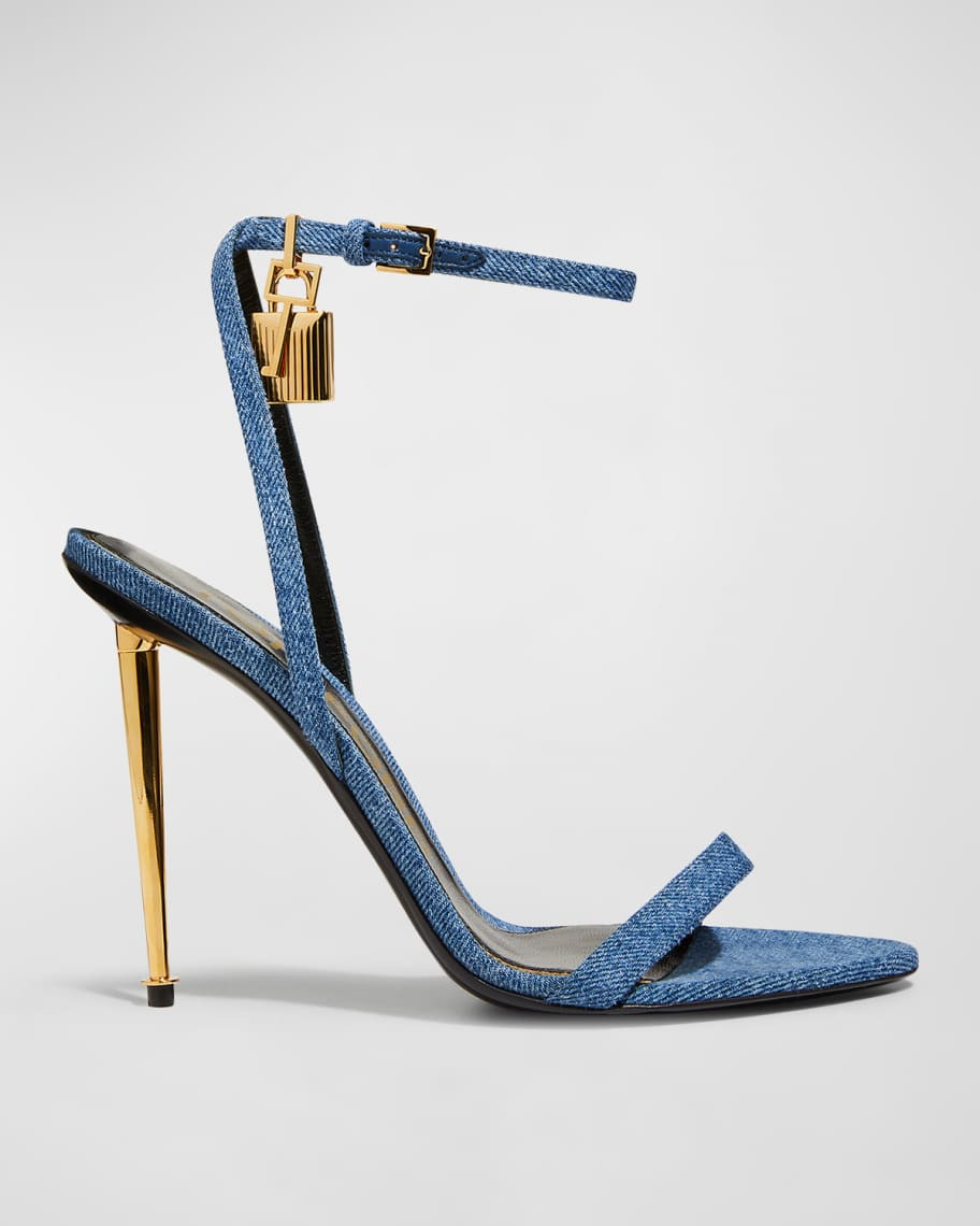 TOM FORD 105mm Denim Lock & Key Stiletto Sandals | Neiman Marcus