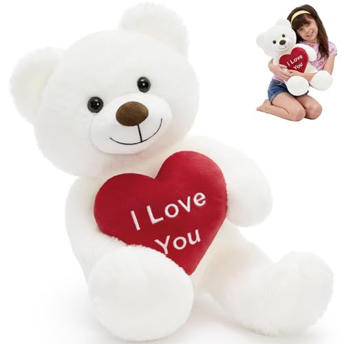 MorisMos White Teddy Bear Stuffed Animal with I Love You Heart,18in Valentines Teddy Bear for Girlfriend Wife Women Kid Valentine's Day Birthday Gift,Small Stuffed Animal Centerpiece for Baby Shower | Amazon (US)