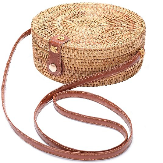 Handwoven Round Rattan Bag Shoulder Leather Straps Natural Chic Hand | Amazon (US)