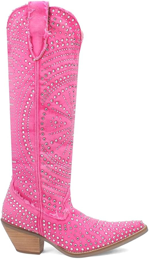 Dingo Womens Honkytonk Honey Rhinestone Snip Toe Casual Boots Knee High Mid Heel 2-3" - Pink | Amazon (US)