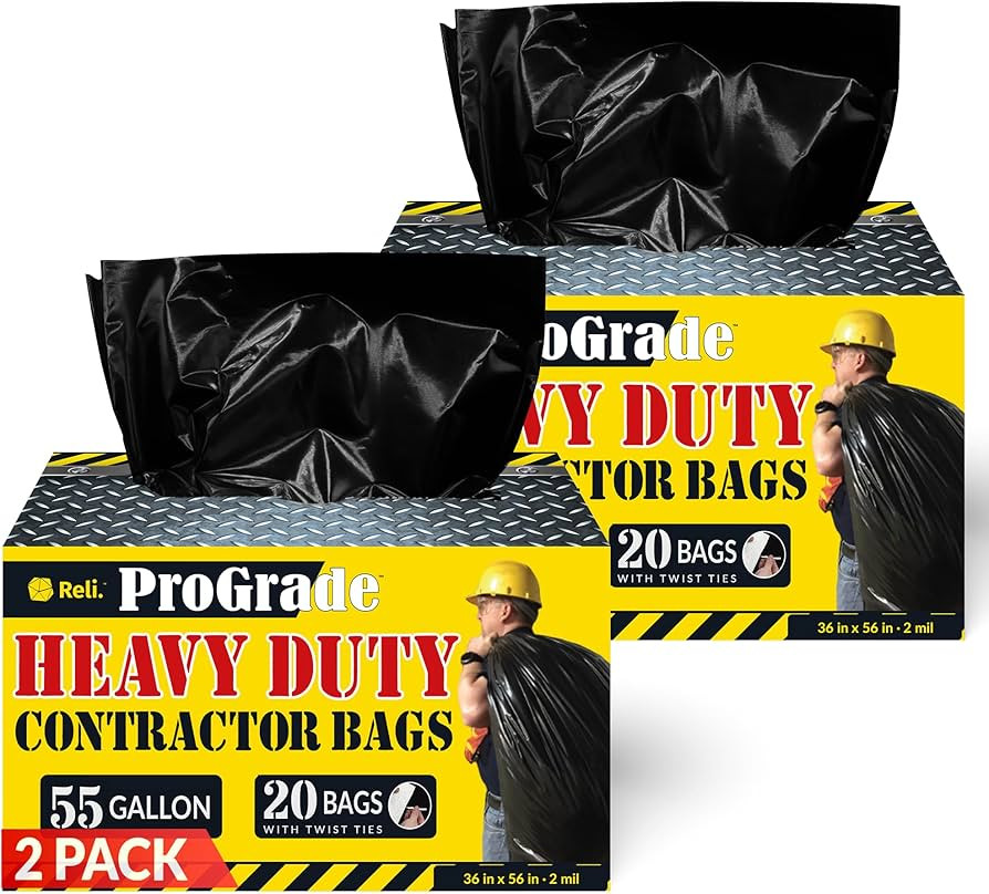 Reli. ProGrade Contractor Trash Bags 55 Gallon | 40 Bags w/Ties | Heavy Duty | 2 Mil | Black | Co... | Amazon (US)