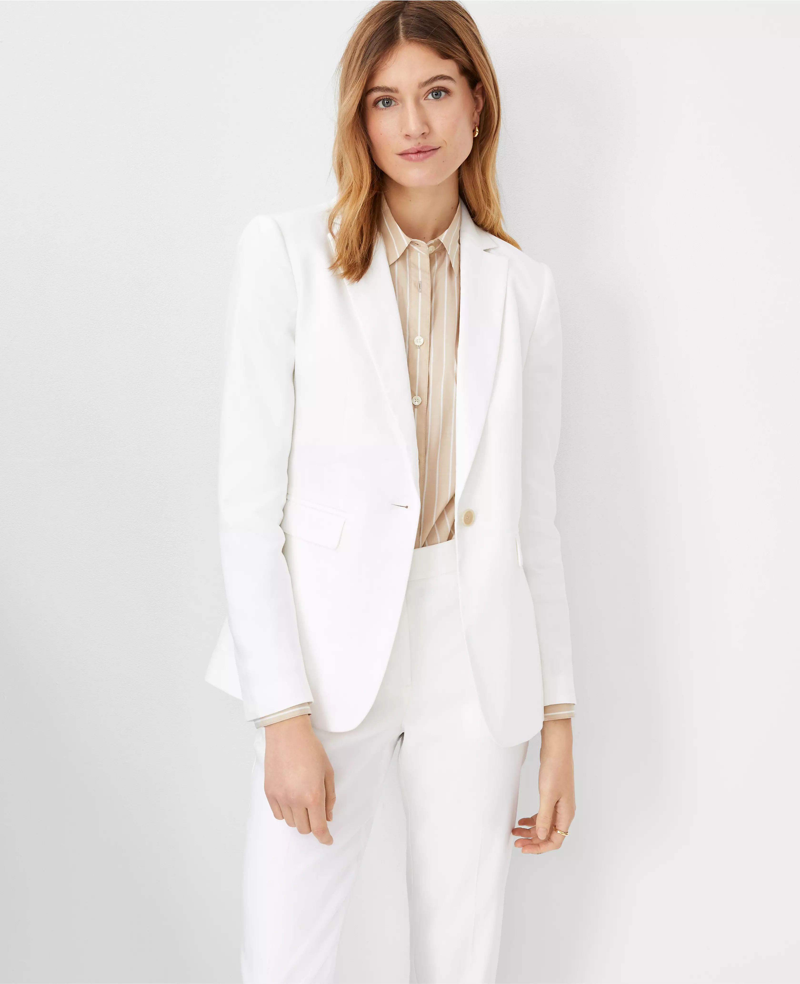 The Long Notched One Button Blazer in Herringbone Linen Blend | Ann Taylor (US)