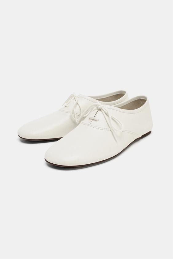 Zara - Leather Lace-Up Low Heel Shoes - Off White - 8 - Woman | Zara Canada
