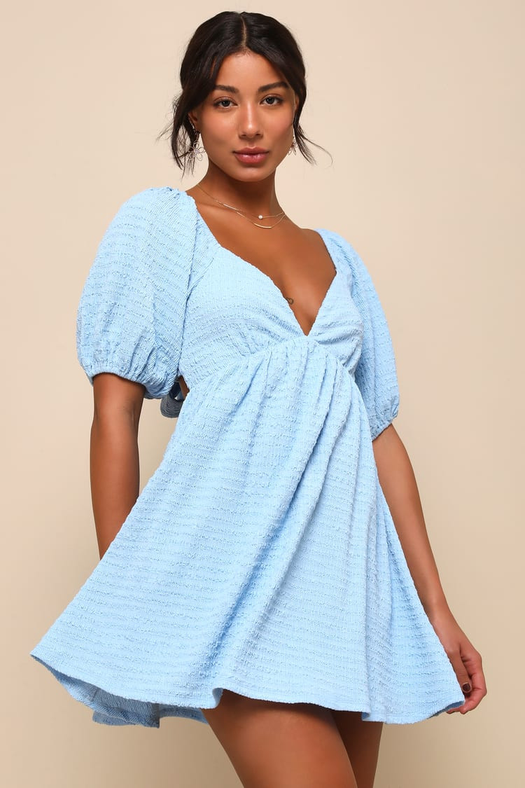 Pleasing Charm Light Blue Textured Tie-Back Babydoll Mini Dress | Lulus (US)