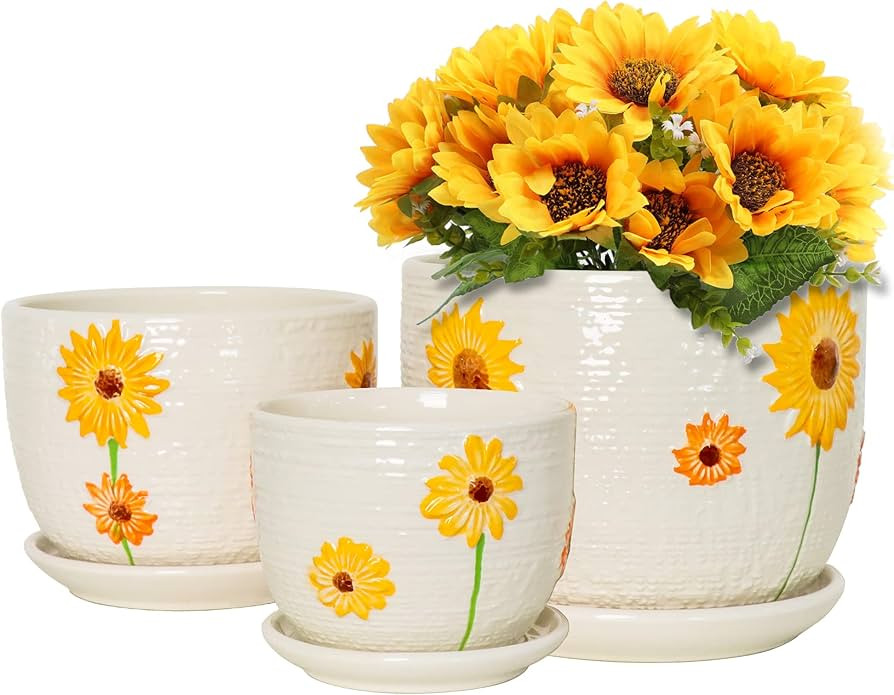 Ton Sin Plant Pots,Set of 3 Ceramic Flower Pots for Indoor Plants,4+5+6 inch Planter with Drainag... | Amazon (US)