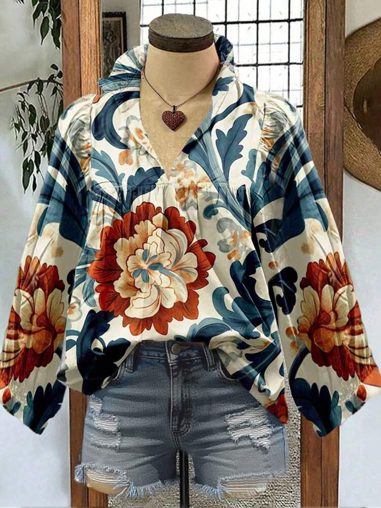 Women's Casual Fall And Winter Loose, Comfortable And Versatile Printed Pattern Frill Edge Long-S... | SHEIN