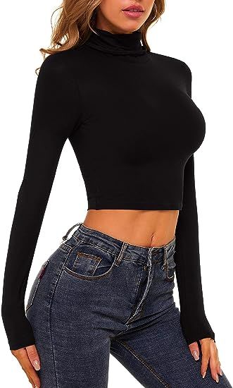 MSBASIC Womens Basic Slim Fit Long Sleeve Turtleneck Crop Top | Amazon (US)