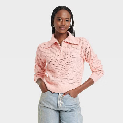 Women's Quarter Zip Collared Pullover Sweater - Universal Thread™ Pink XS | Target