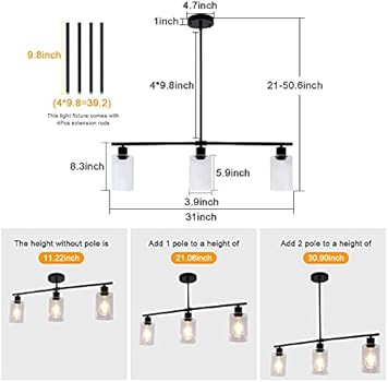 Black Kitchen Island Lighting, 3-Light Modern Pendant Light Fixture with Glass Shades, Rustic Far... | Amazon (US)