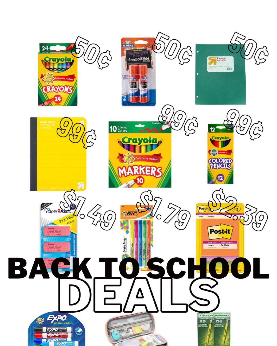 School supplies at the best deals!! Name brand items from CRAYOLA, Ticonderoga, Elmer’s, BIC, Post It, Pink Pearl, Expo. Crayons, glue sticks, folders, composition notebooks, markers, colored pencils, erasers, highlighters, dry erase, paper  

#LTKFind #LTKsalealert #LTKBacktoSchool