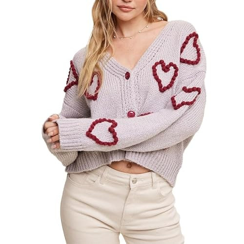 Women Valentine’s Day Heart Sweater Cardigan Cute Long Sleeve Open Front Knitted Outwear Holiday Party Sweater Tops | Amazon (US)