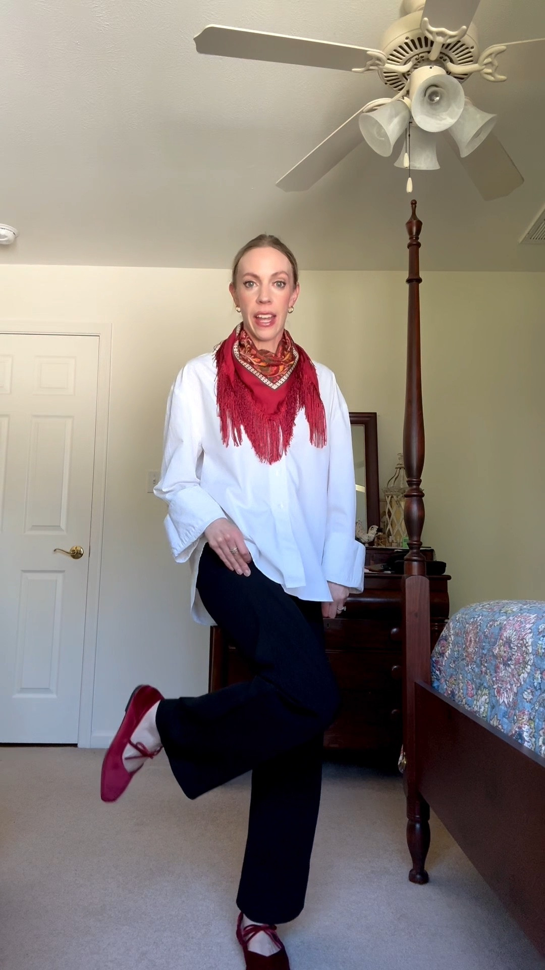 Teacher look of the day, fall workwear, @Zara paisley fringe scarf, @Fitory velvet ballet flats