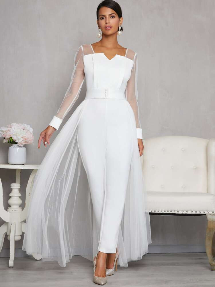 SHEIN Notch Neck Mesh Panel Pearl Detail Corset Jumpsuit With Skirt | SHEIN
