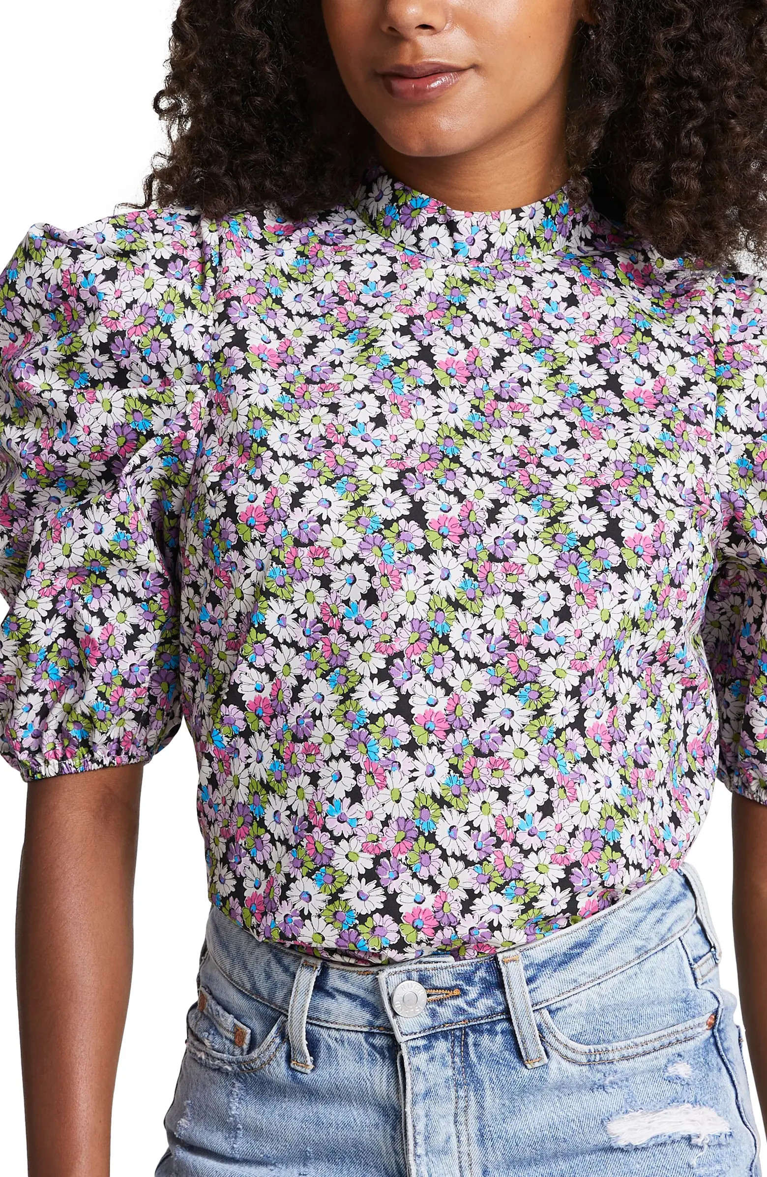 River Island Floral Poplin Puff Sleeve Top | Nordstrom | Nordstrom