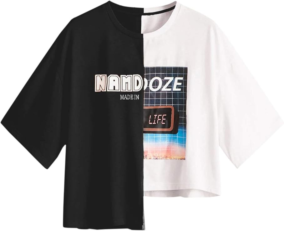 SheIn Women's Color Block Short Sleeve Asymmetrical T Shirts Graphic Printed Tee Tops | Amazon (US)