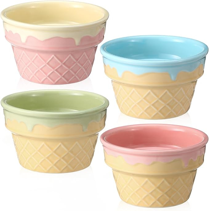 Honeydak 4 Pcs Ice Cream Ceramic Bowls 9 oz Porcelain Waffle Ice Cream Cups Cute Reusable Sundae ... | Amazon (US)