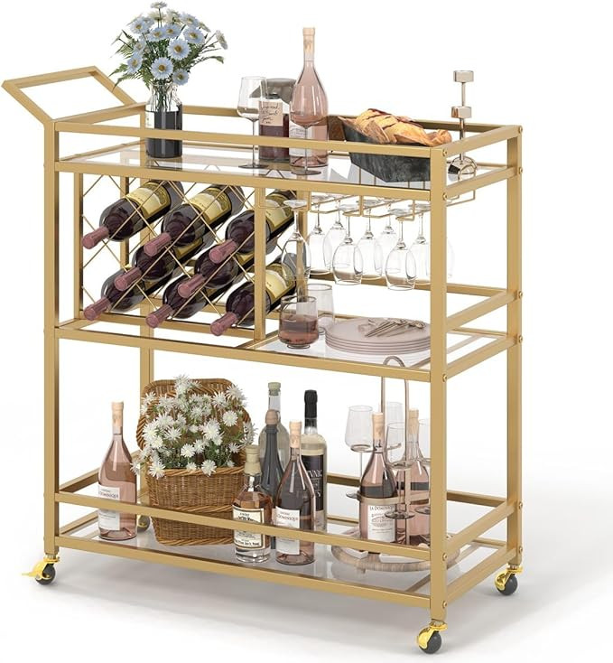 FATORRI Bar Cart Gold, Home Bar Serving Cart with Wine Rack and Glasses Holder, Wine Carts on Whe... | Amazon (US)