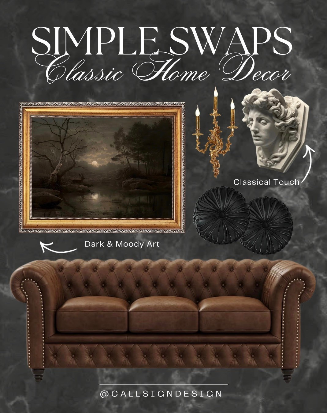 Dark and moody decor that leans into depth and drama. A high relief statue head pediment, rich dark accents, and a deep brown leather couch come together to create a space that feels grounded, sculptural, and quietly powerful. 🤎🌝

#MoodyInteriors #DarkDecor #LeatherCouch #StatementPieces #TimelessStyle #CollectedHome #HomeDecor #DesignDetails #callsigndesign