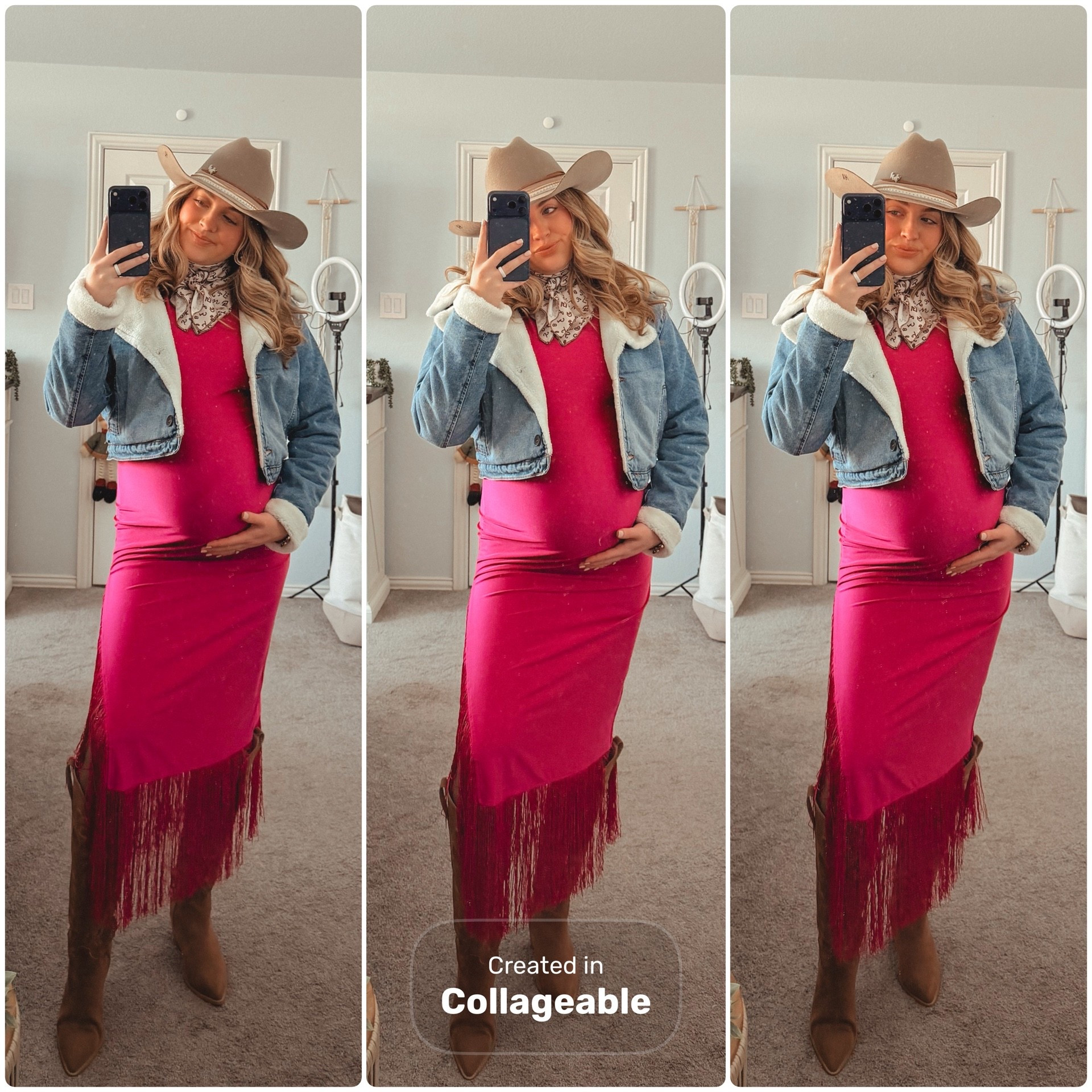 Country concert outfit. Nashville outfit, Fringe dress, winter outfit inspo. Sherpa denim jacket, cowboy boots, cowboy hat, wild ride. Maternity fashion. Bump friendly.

#LTKBump #LTKootd #LTKSeasonal