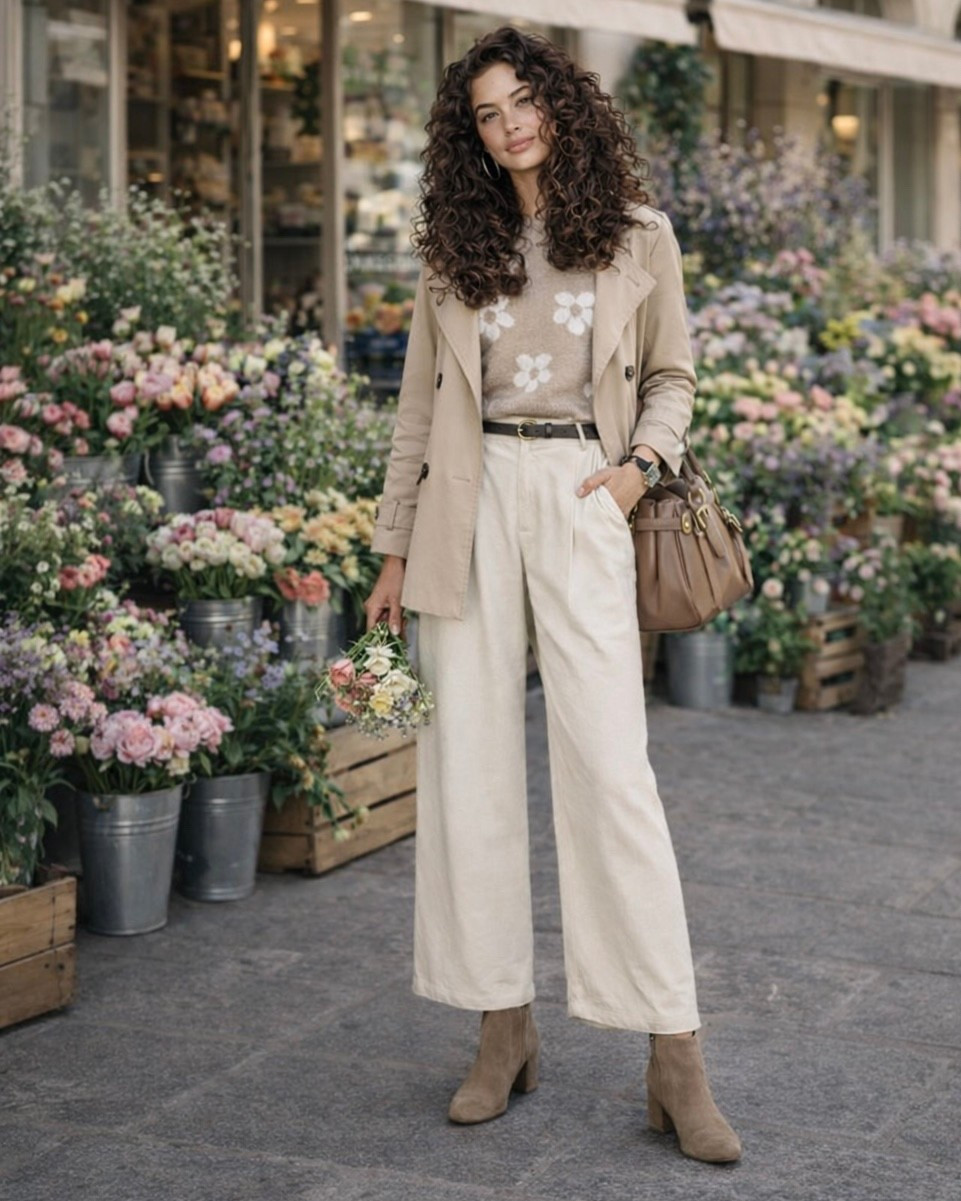 Soft neutral spring outfit built around a beige floral sweater with white daisy pattern, styled with cream wide-leg trousers, a brown leather belt, and a beige belted trench jacket for a polished layered look. Finished with taupe suede ankle boots, a brown leather handbag, and a gold watch with brown strap for a warm neutral palette that feels effortless and elegant.

#springoutfit #neutralstyle #effortlessfashion

#LTKOver40 #LTKSeasonal #LTKootd