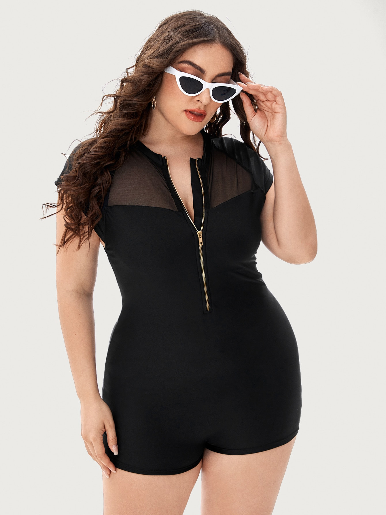 Plus Contrast Mesh Zip-up One Piece Swimsuit | SHEIN