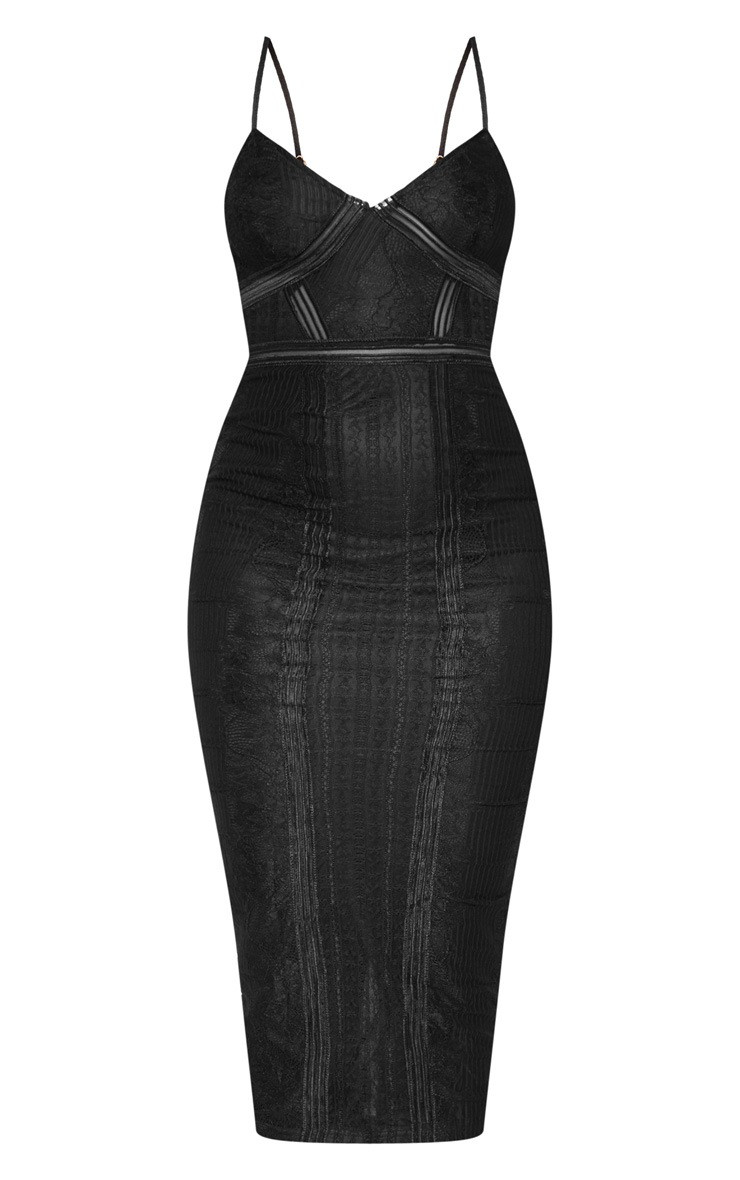 Black Lace Mesh Stripe Insert Midi Dress | PrettyLittleThing US