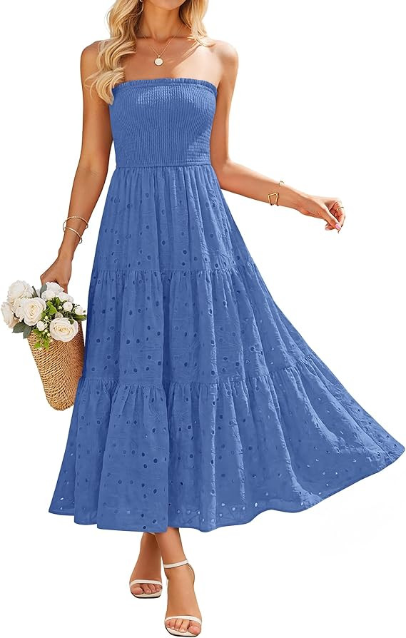 ZESICA Womens 2026 Summer Boho Strapless Midi Dresses Off Shoulder Smocked Eyelet Wedding Guest B... | Amazon (US)