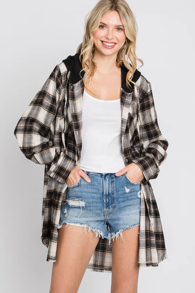Brown Plaid Button Front Fringe Hem Hooded Top | PinkBlush Maternity