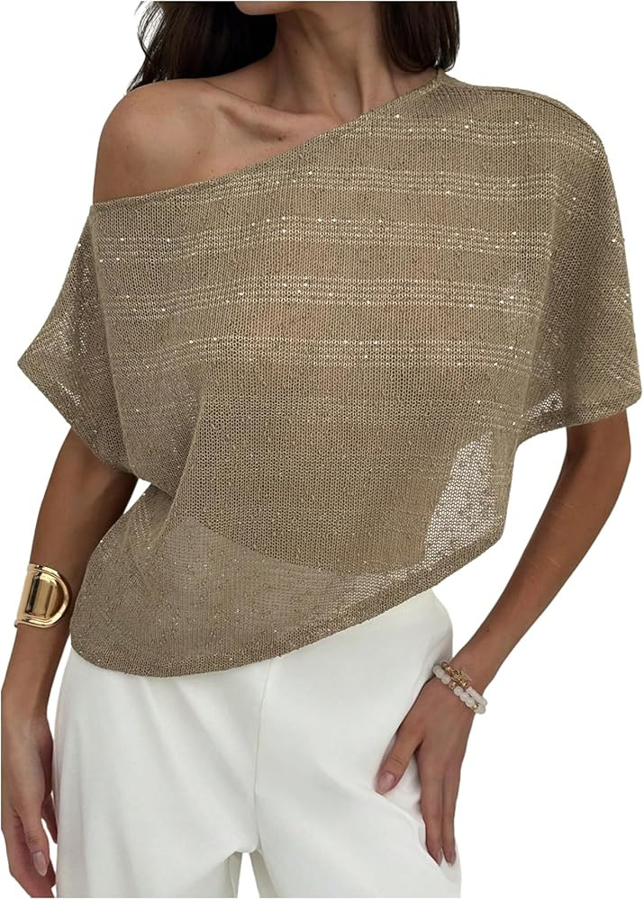 SweatyRocks Women's Asymmetrical Sparkle Poncho Tops Off The Shoulder Lightweight Sheer Shawl Swe... | Amazon (US)