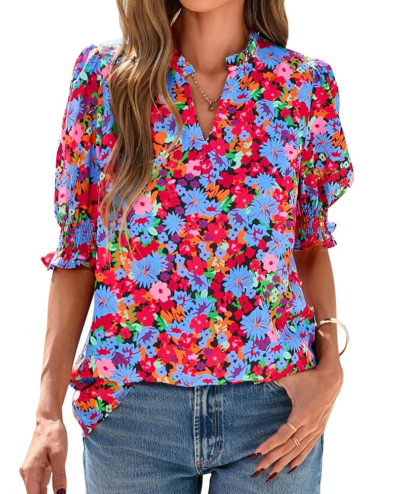 BTFBM Summer Blouses for Women Dressy Casual 2025 Spring Floral Boho Shirts V Neck Puff Short Sle... | Amazon (US)
