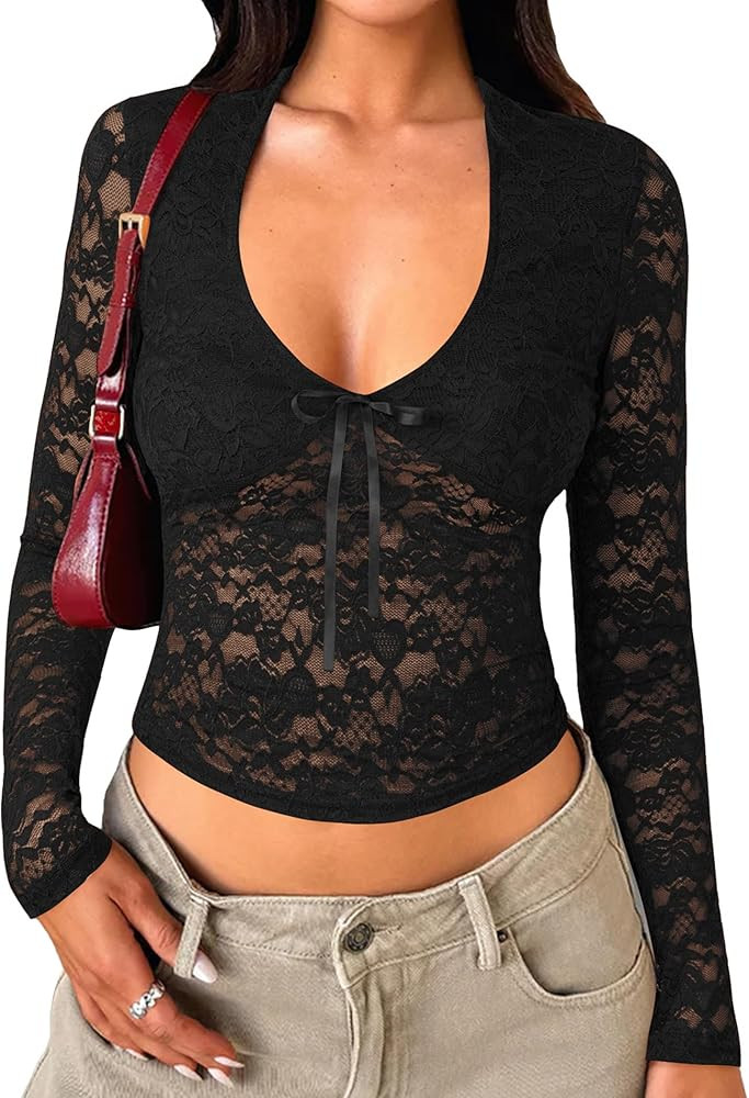 Womens Long Sleeve Going Out Tops Lace V Neck Mesh Crop Shirts Sexy Cute Y2K Fall Trendy Outfits ... | Amazon (US)