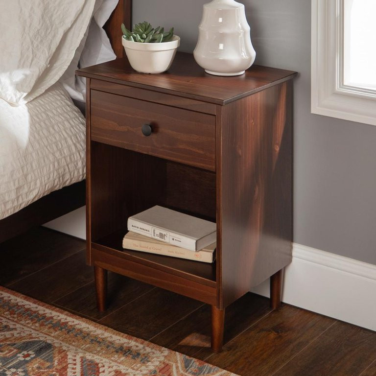 Mid-Century Solid Wood 1-Drawer Bedroom Nightstand in Walnut (Set of 2) | Walmart (US)