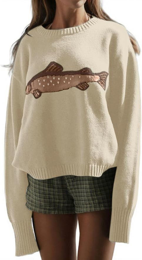 CHARTOU Women Fashion Crew Neck Rib Knit Crucian Carp Graphic Oversized Y2k Pullover Sweater Jump... | Amazon (US)