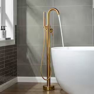 Venice Single-Handle Freestanding Floor Mount Tub Filler Faucet with Hand Shower in Brushed Gold | The Home Depot