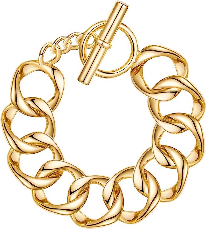 TOVABA Chunky Gold Bracelets for Women Men, 14k Shiny Gold Plated Toggle Chain Link Bracelet Bang... | Amazon (US)