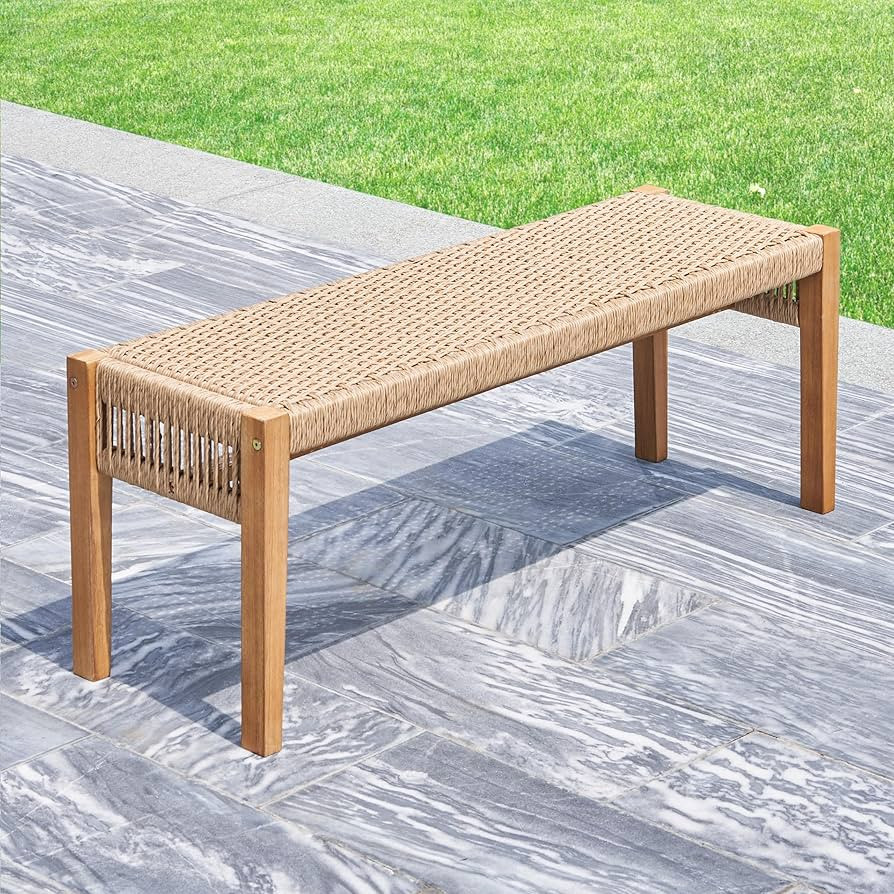 Garden Bench Acacia Wood with Strapped Rattan, Weather-Resistant Design for Outdoor Use, Light Br... | Amazon (US)