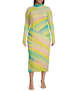 Plus Shailene Printed Mesh Turtleneck Long Sleeve Midi Dress | Dillard's