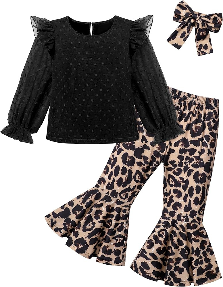 KANGKANG Toddler Girl Clothes Ruffled Lace Long-sleeved Top + Bell Bottoms + Headband Toddler Gir... | Amazon (US)