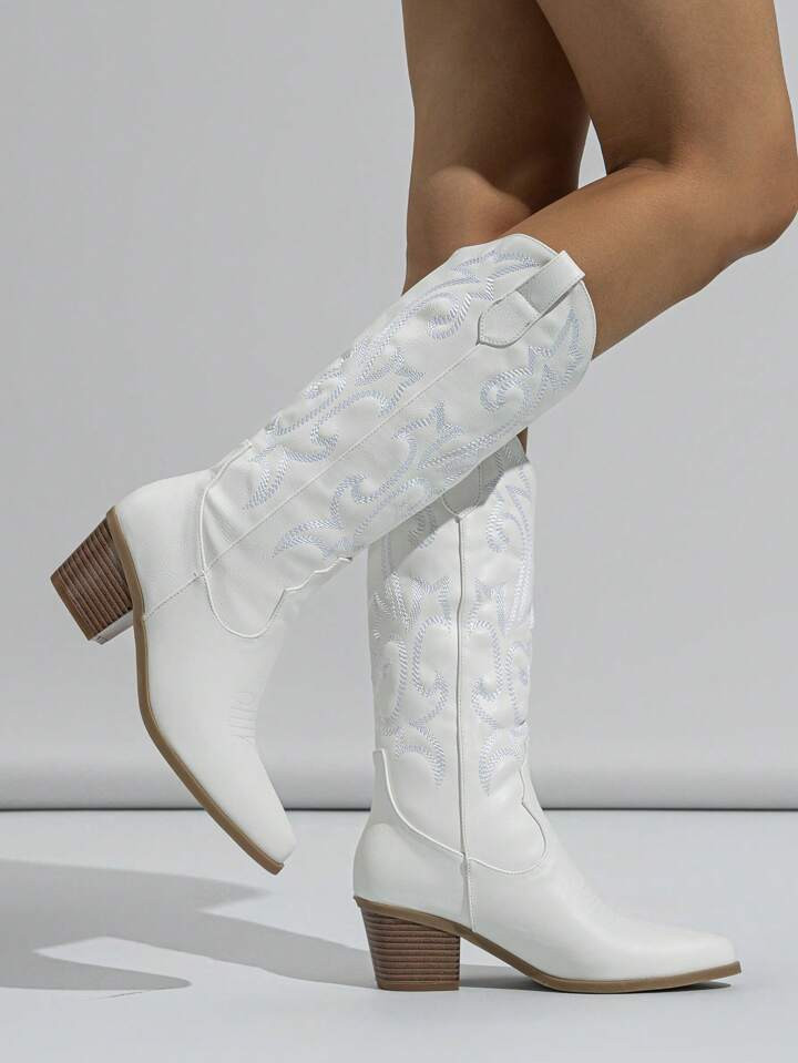 Women Embroidery Detail Chunky Heeled Western Boots, Vacation White Outdoor Fashion Boots | SHEIN
