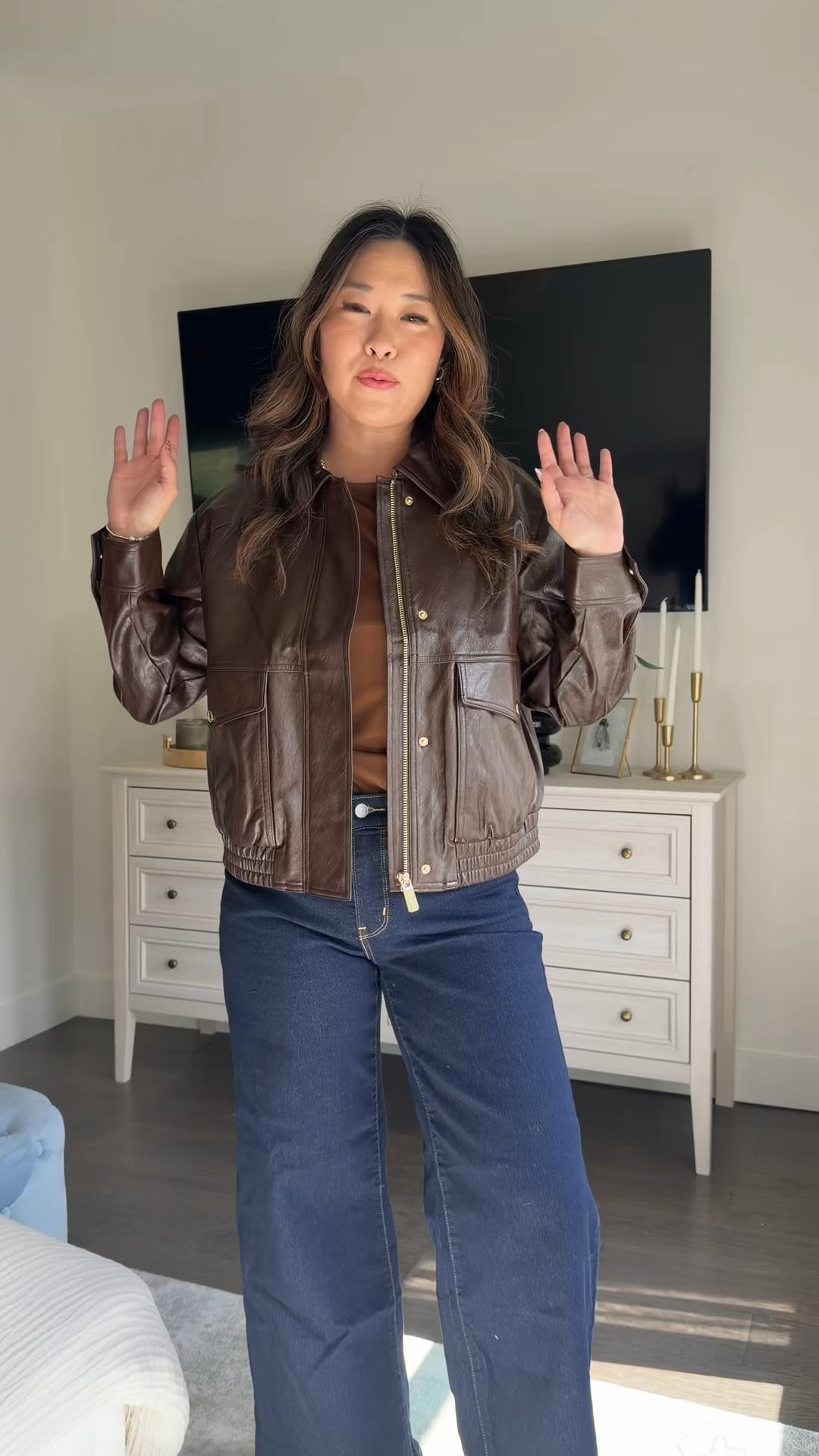 Macy’s Faux Leather Jacket: Medium
Top: Medium
Jeans: 28