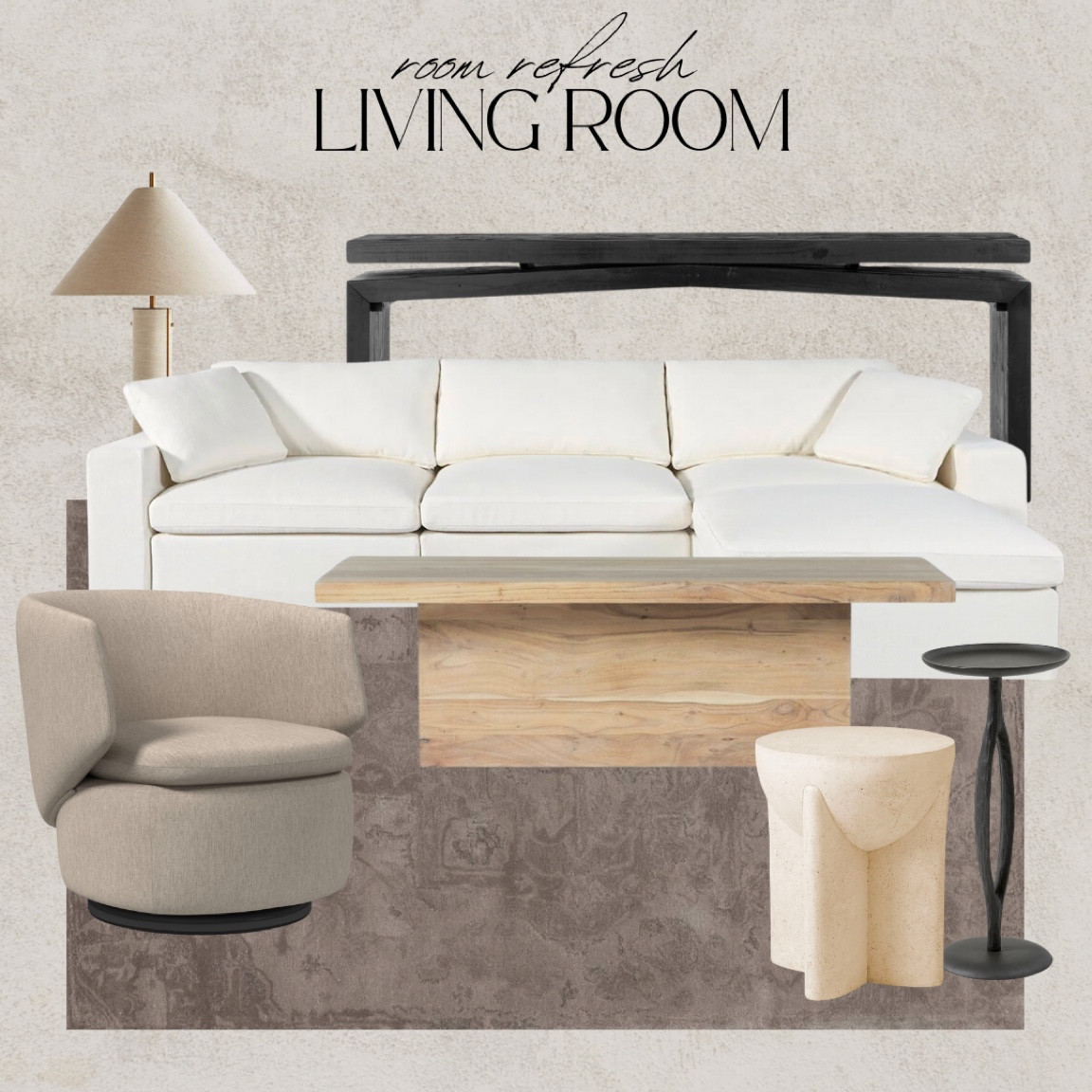 Living room refresh, black wood console table, white sectional, cloud couch dupe, concrete end table, iron end table, brown rug, vintage rug, linen accent chair, swivel chair, rustic coffee table, Japandi, modern organic, floor lamp

#LTKhome #LTKfindsunder100 #LTKSeasonal