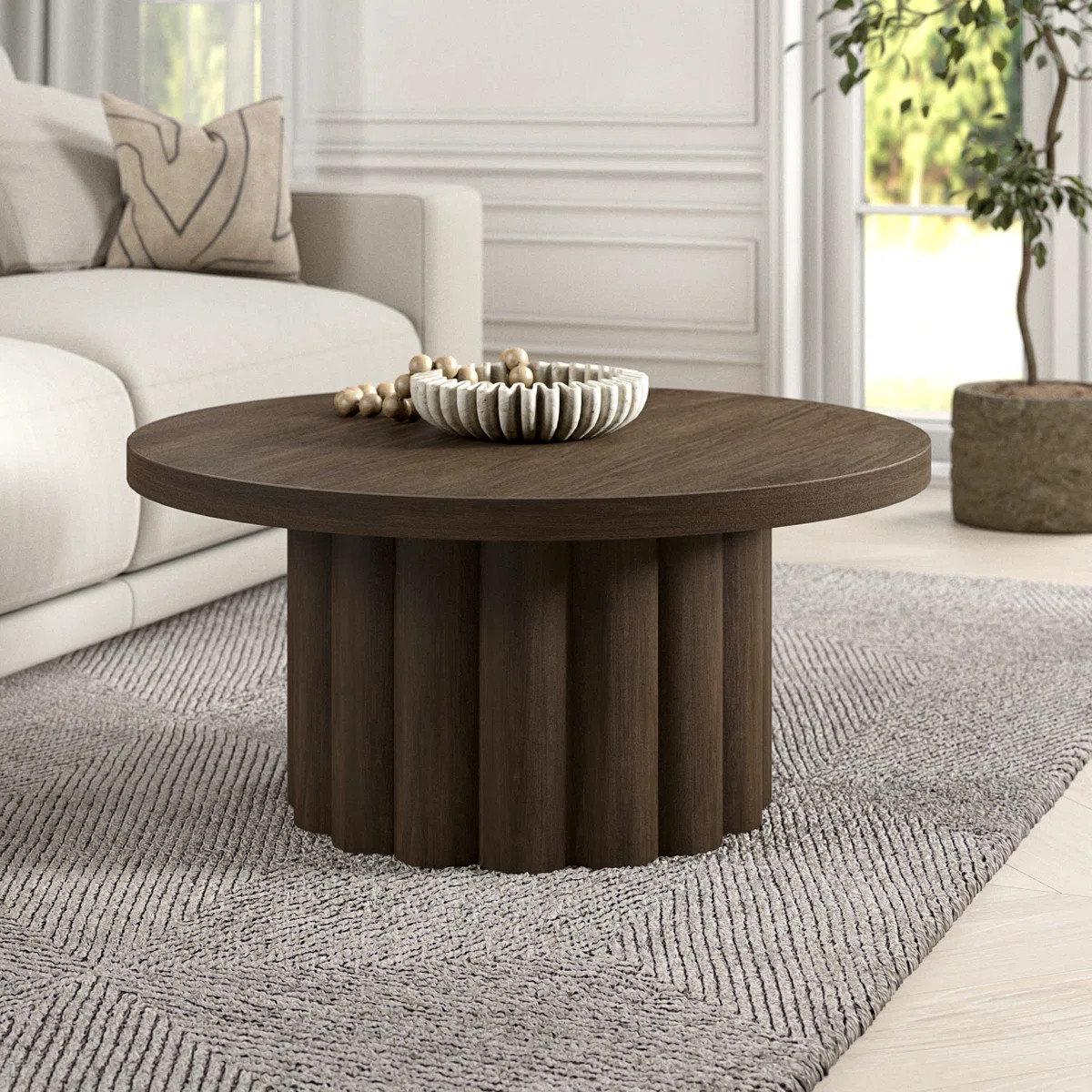 Olie 32" Wide Round Fluted Coffee Table in Brown Oak | Wayfair North America