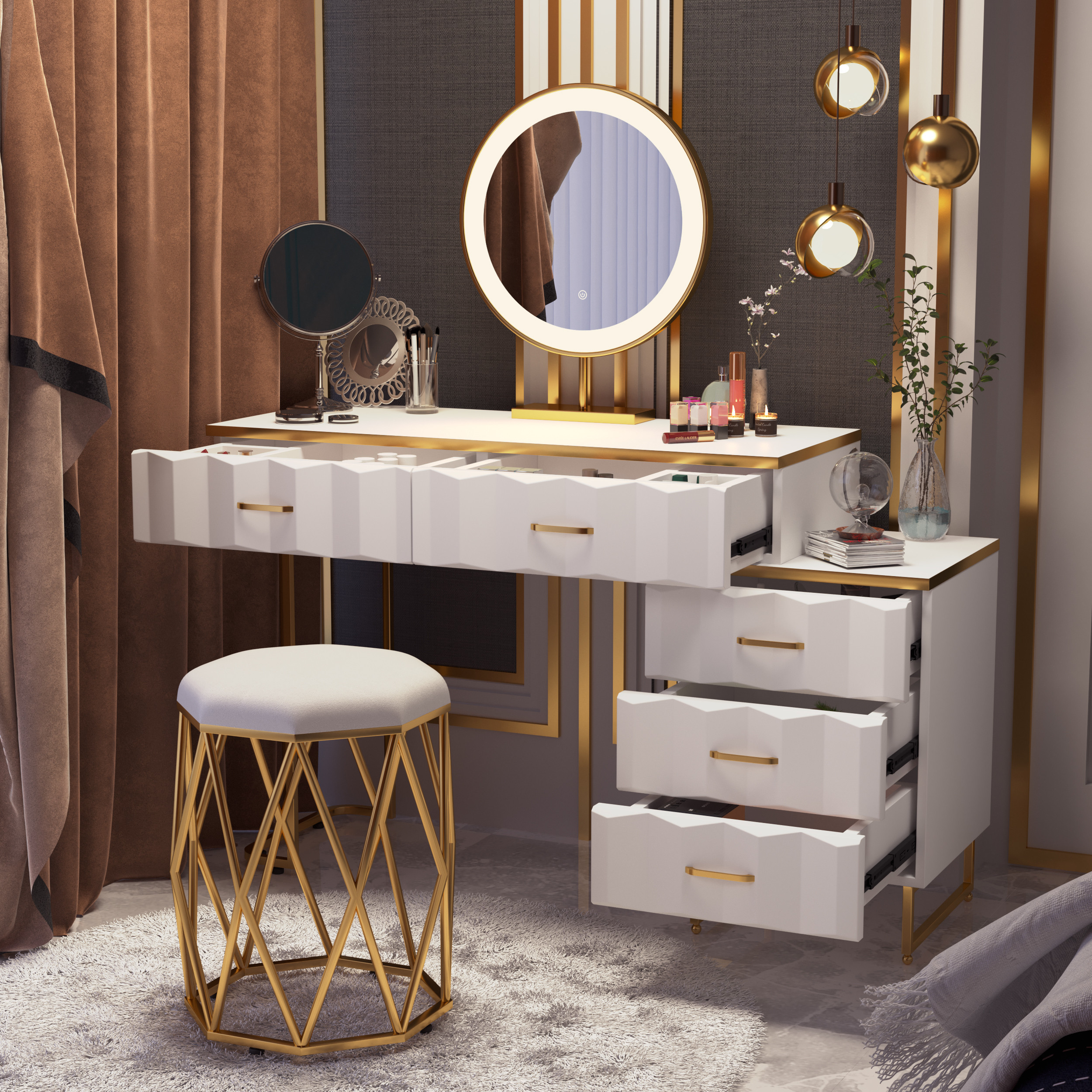 Modern White Extendable Makeup Vanity 5 Drawers Dressing Table Set with Stool and Mirror | Homary
