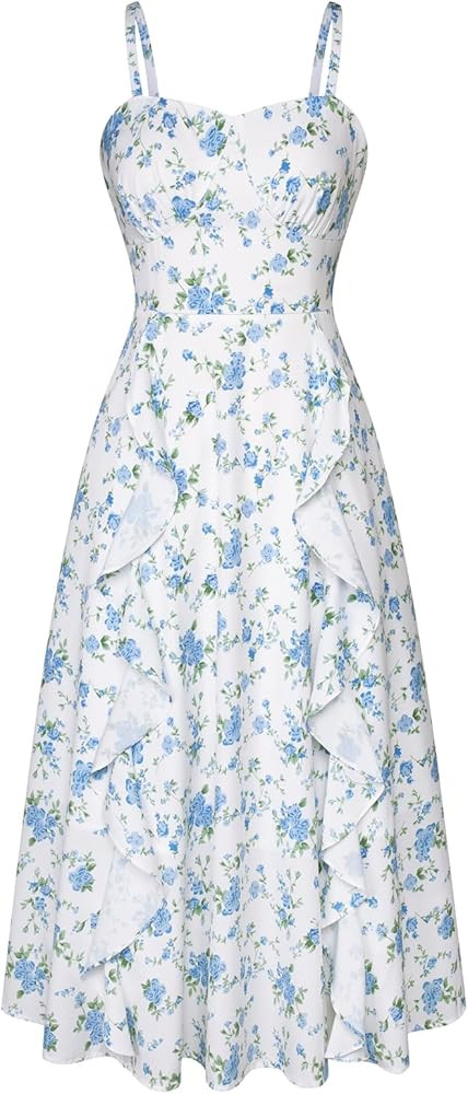 Belle Poque Sun Dresses for Women Spring Summer Floral Midi Flowy Spaghetti Ruffle Wedding Guest ... | Amazon (US)