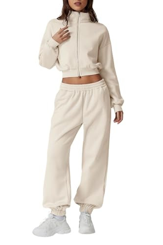 QINSEN Sweatsuit for Women 2 Piece Fleece Long Sleeve Baggy Jacket Oversized Tracksuit Loungewear with Joggers Biege S | Amazon (US)
